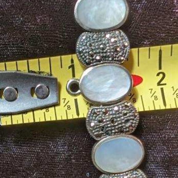Vintage Sterling Abalone and Marcasite Link Bracelet, Mexican, Smooth, Heavy - Picture 10 of 13